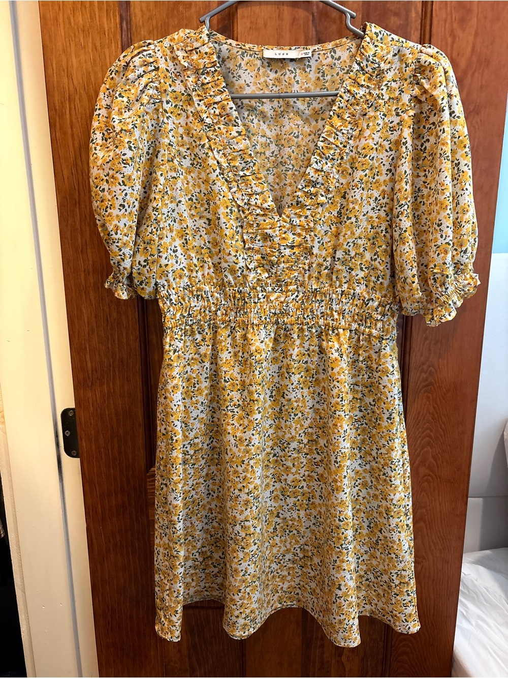 Lush Yellow Floral Ruffle V-Neck Puff Sleeve Dress
